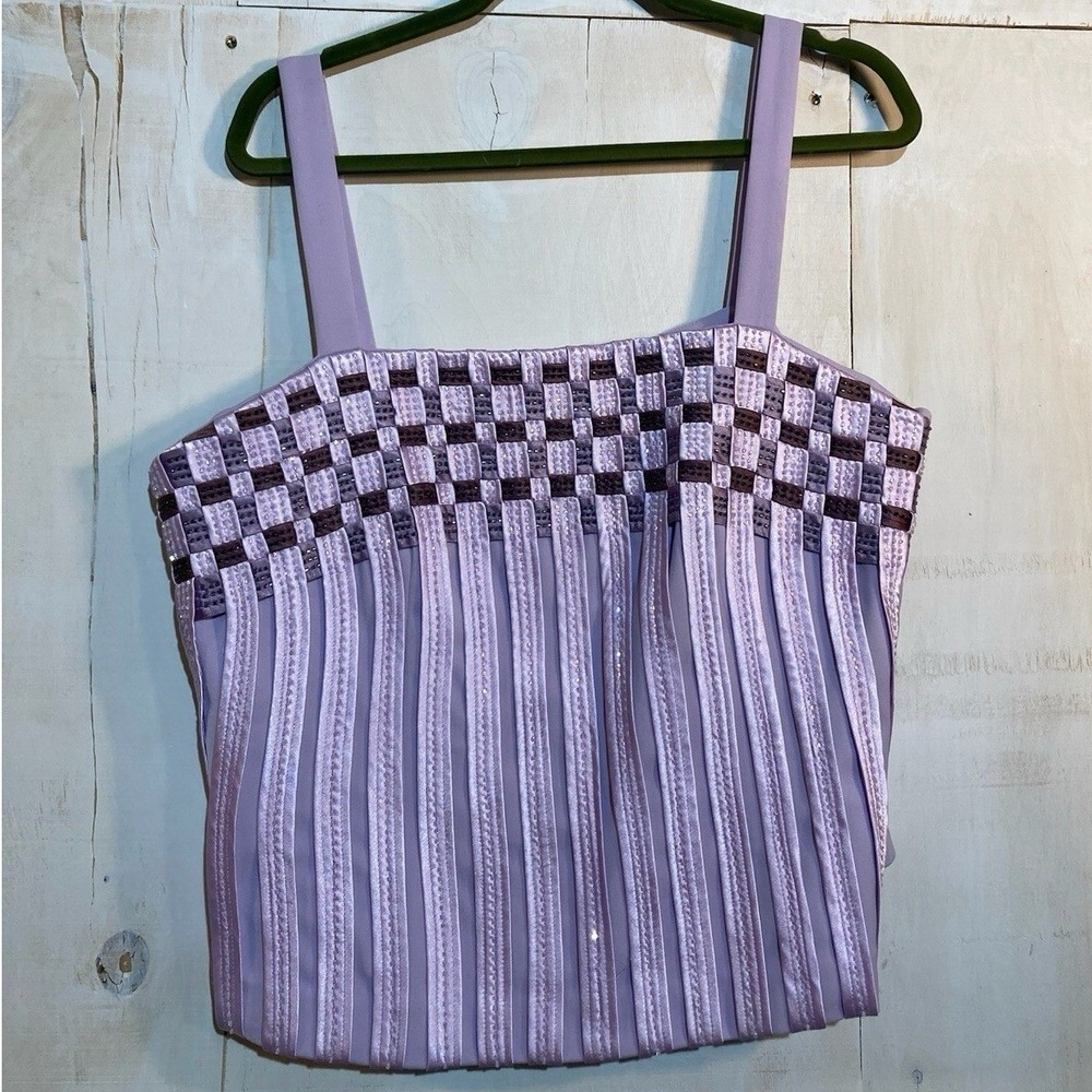 Y2K Vintage Beaded Basketweave Camisole Women Sz L Purple Beaded Ribbon Tank Top